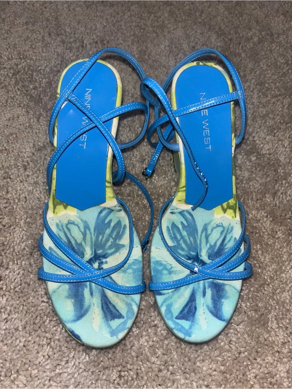 Vintage Nine West Blue Lime Floral Strappy Platform Wedge Sandals Size 6.5